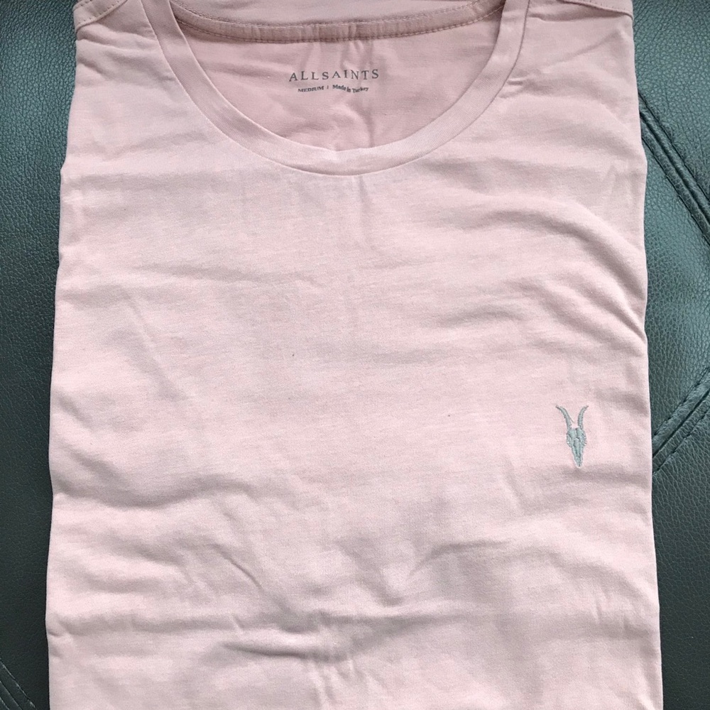 AllSaints Men's Short Sleeve Tee in Light Pink with Embroidered Logo